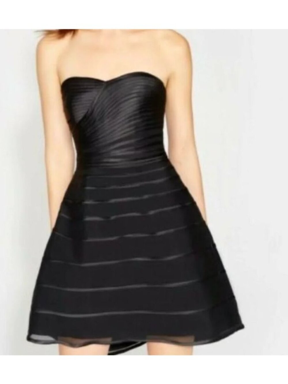 Halston Heritage Strapless Striped Dress Hi Low Dramatic Skirt Black Size 0